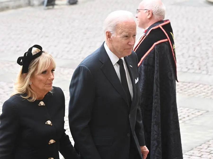 Joe Biden President of United States and his wife Jill Biden attend the funeral of Her Majesty the Queen at Westminster Abbey in London, Britain, Spetember 19, 2022. Geoff Pugh for the Telegraph/Pool via REUTERS