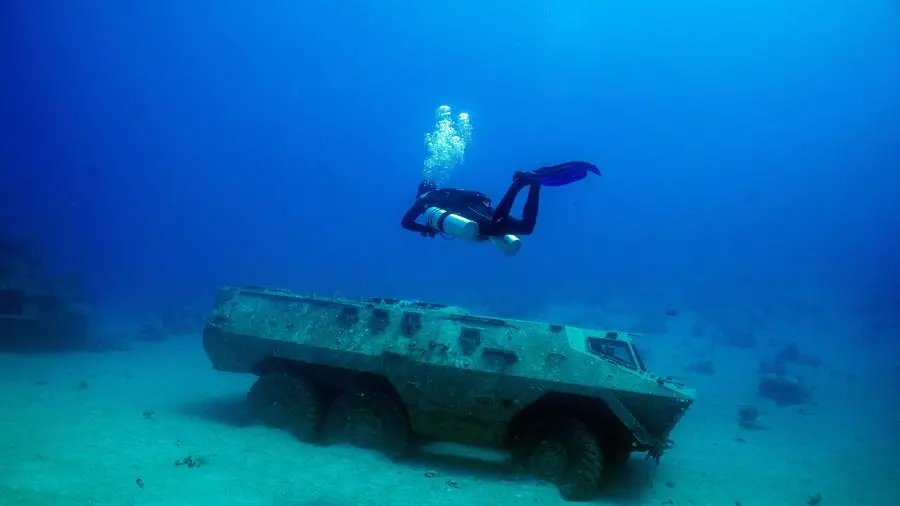Fish and tanks at Jordan's underwater military museum