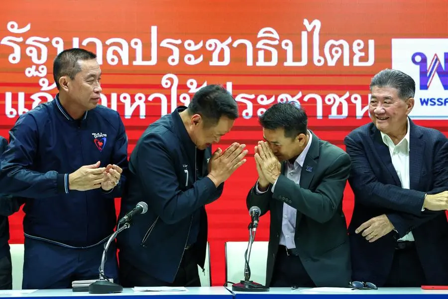 Bhumjaithai Party leader Anutin Charnvirakul and Pheu Thai Party leader Chonlanan Srikaew greet each other after a press conference about forming an alliance between Pheu Thai and Bhumjaithai party, in Bangkok, Thailand, August 7, 2023. REUTERS/Athit Perawongmetha\\u2028 , Reuters