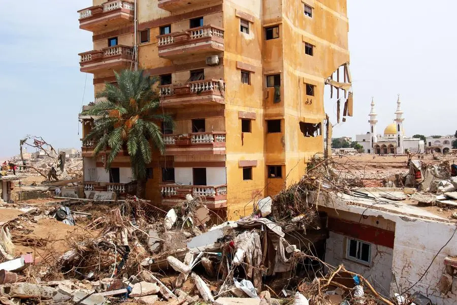 TOPSHOT - An area damaged by flash floods is pictured in Derna, eastern Libya, on September 11, 2023. Flash floods in eastern Libya killed more than 2,300 people in the Mediterranean coastal city of Derna alone, the emergency services of the Tripoli-based government said on September 12. (Photo by AFP) , Agence France-Presse (AFP)/AFP