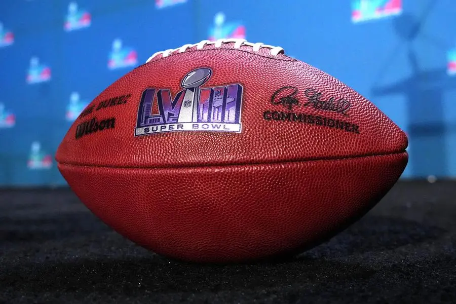 Feb 13, 2023; Phoenix, AZ, USA; A NFL official Wilson Duke football with Super Bowl LVIII logo at the Super Bowl Host Committee Handoff press conference at the Phoenix Convention Center. Mandatory Credit: Kirby Lee-USA TODAY Sports