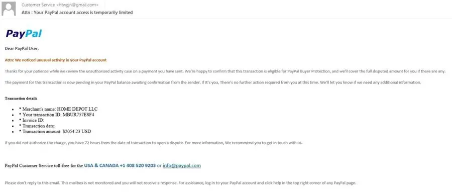 Fake notification from PayPal about a purchase for a large amount of money