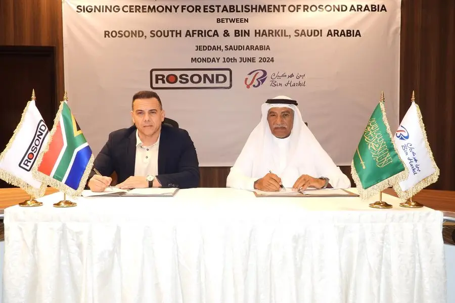 <p>Rosond Managing Director Mr Ricardo Ribeiro and Bin Harkil Chairman Mr Nasser Al Sagour at the signing ceremony of the establishment of Rosond Arabia</p>\\n