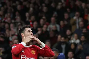 Soccer Football - Premier League - Manchester United v Tottenham Hotspur - Old Trafford, Manchester, Britain - March 12, 2022 Manchester United\\'s Cristiano Ronaldo celebrates scoring their third goal REUTERS/Phil Noble , Reuters/REUTERS