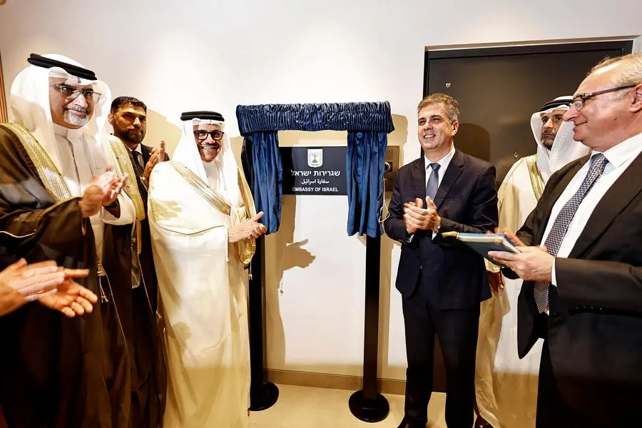 Israel\\'s Foreign Minister Eli Cohen and Bahrain\\'s Foreign Minister Abdullatif bin Rashid Alzayani officially inaugurate the Israeli Embassy in Manama, Bahrain, September 4, 2023. REUTERS/Hamad I Mohammed , Reuters