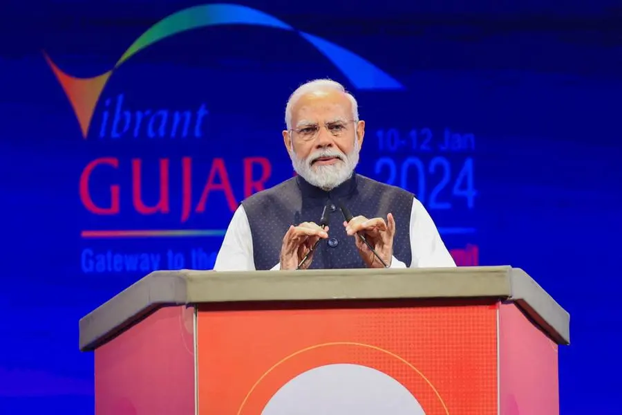 Indian Prime Minister Narendra Modi speaks during the Vibrant Gujarat Global Summit, at the Mahatma Mandir in Gandhinagar, Gujarat, India January 10, 2024. REUTERS/Amit Dave