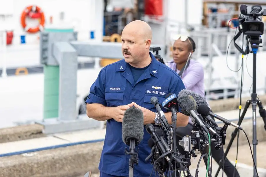 BOSTON, MASSACHUSETTS - JUNE 20: Capt. Jamie Frederick of the U.S. Coast Guard gives an update on the search efforts for five people aboard a missing submersible approximately 900 miles off Cape Cod, on June 20, 2023 in Boston, Massachusetts. The Coast Guard is racing to find a submersible with five passengers that went missing during a dive to the wreck of the Titanic. Scott Eisen/Getty Images/AFP (Photo by Scott Eisen / GETTY IMAGES NORTH AMERICA / Getty Images via AFP) , Agence France-Presse (AFP)/Getty Images via AFP