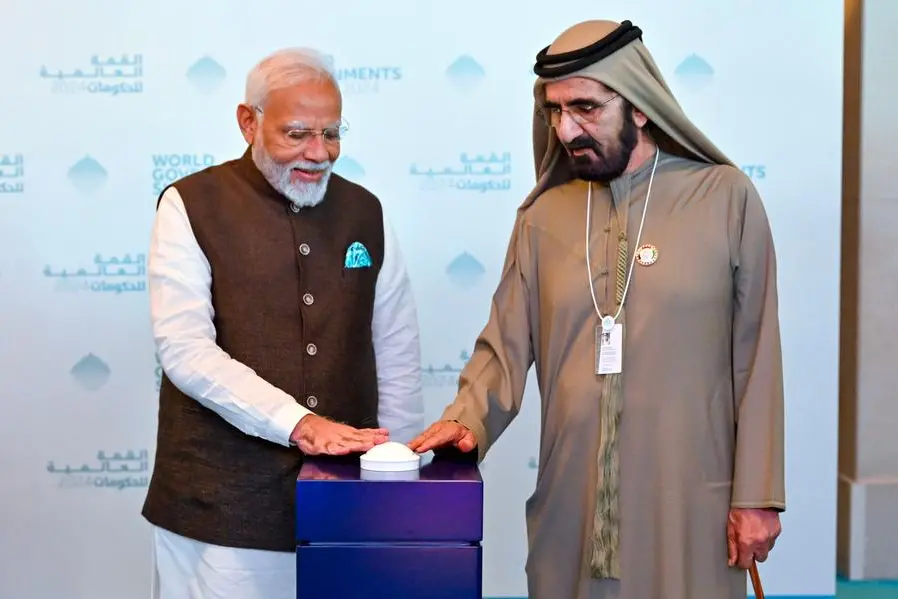 Sheikh Mohammed bin Rashid Al Maktoum and Indian Prime Minister Narendra Modi, lay foundation stone for market for Indian manufacturers and traders in Dubai. Image courtesy Dubai Media Office Twitter handle.