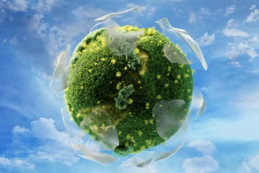 Digital generated image green planet surrounded by futuristic solar panels. Getty Images Image used for illustrative purpose. , Getty Images