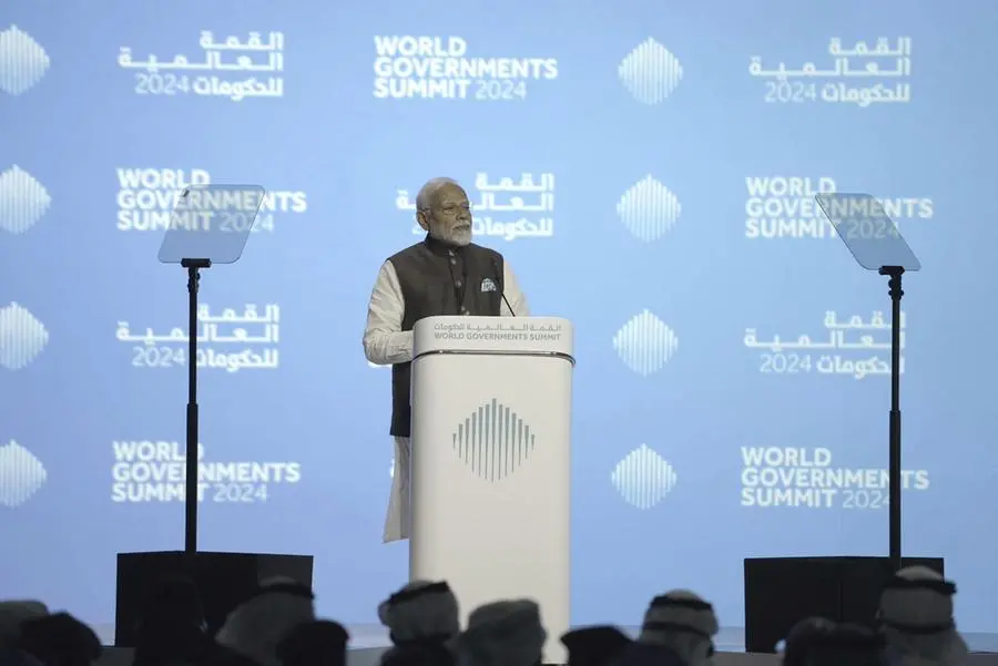 Indian Prime Minister Narendra Modi speaks during World Governments Summit in Dubai on February 14, 2024. Image courtesy: Nour Maatouk, ZAWYA