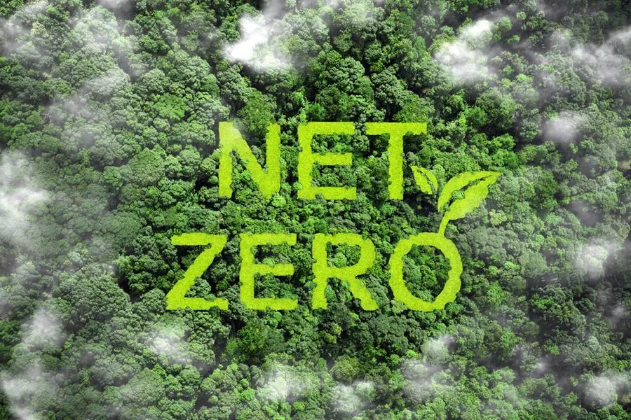 Net zero and carbon neutral concept.Net Zero text on green grass with forest for net zero greenhouse gas emissions target Climate neutral long term strategy on a green background. Carbon Neutrality. Image used for illustrative purpose. Getty Images , Getty Images
