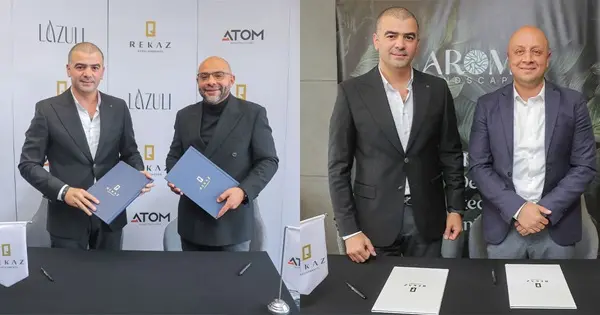 The contract was signed by Tamer Bekir, CEO of REKAZ Development, Mohamed Galal, Chairman of Atom Construction (Left Photo), and Mohamed Salama, CEO of AROMA Landscaping (Right Photo)