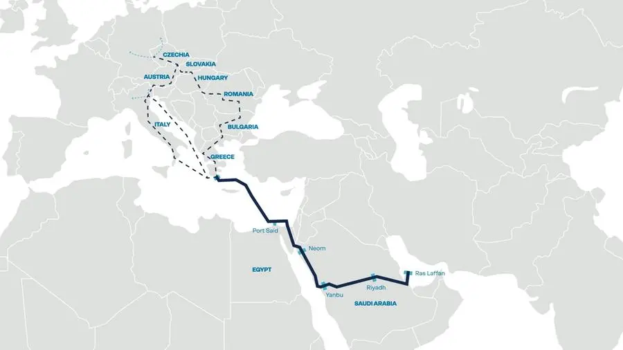 The concept hydrogen pipeline will connect the Gulf to Egypt, and traverse the Mediterranean Sea to Europe