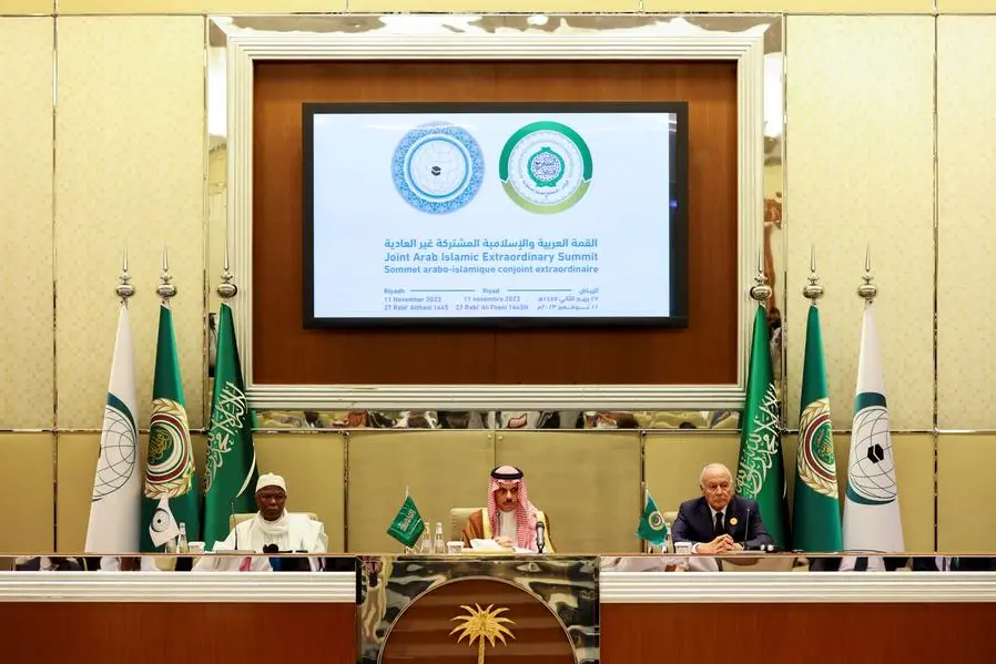 Secretary General of the Organization of Islamic Cooperation (OIC) Hissein Brahim Taha, Saudi Arabia\\'s Foreign Minister Prince Faisal bin Farhan Al Saud and Secretary-General of the Arab League Ahmed Aboul Gheit attend a press conference during the Organisation of Islamic Cooperation (OIC) summit to discuss Gaza crisis, in Riyadh, Saudi Arabia, November 11, 2023. REUTERS/Ahmed Yosri , Reuters