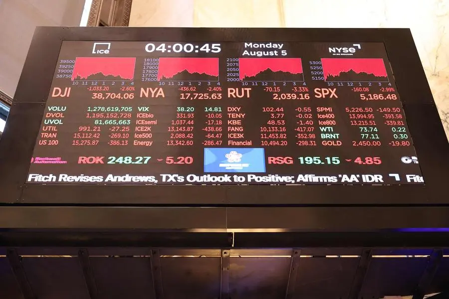 NEW YORK, NEW YORK - AUGUST 05: Stock market numbers are displayed on the floor of the New York Stock Exchange during afternoon trading on August 05, 2024 in New York City. All three major indexes closed with significant losses, with the Dow Jones falling 1,000 points and the S&P 500 sliding 3.2 percent, its worst day since 2022, amid a global market sell-off centered around fears of a U.S. recession. Michael M. Santiago/Getty Images/AFP (Photo by Michael M. Santiago / GETTY IMAGES NORTH AMERICA / Getty Images via AFP) , Agence France-Presse (AFP)/Getty Images via AFP