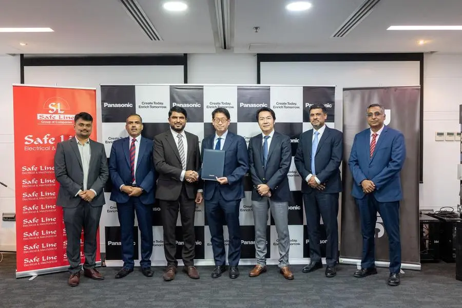 Photo shows (right to left): From PEWMEA: Sudesh Unni - Director \\u2013 Head of Sales, Anil Roshan Castelino - Deputy Managing Director \\u2013 Finance & Admin, Ikuyoshi Fukui - Director - Head of Wide-Area Marketing & Sales, Eiji Ito - Managing Director. From SAFE LINE ELECTRICAL & MECHANICAL L.L.C: Dr. Aboobackar K (h.c) - Managing Director, Shailendra Kumar - General Manager, Antony Janson Dcunha - Assistant Manager. Image Courtesy: Panasonic