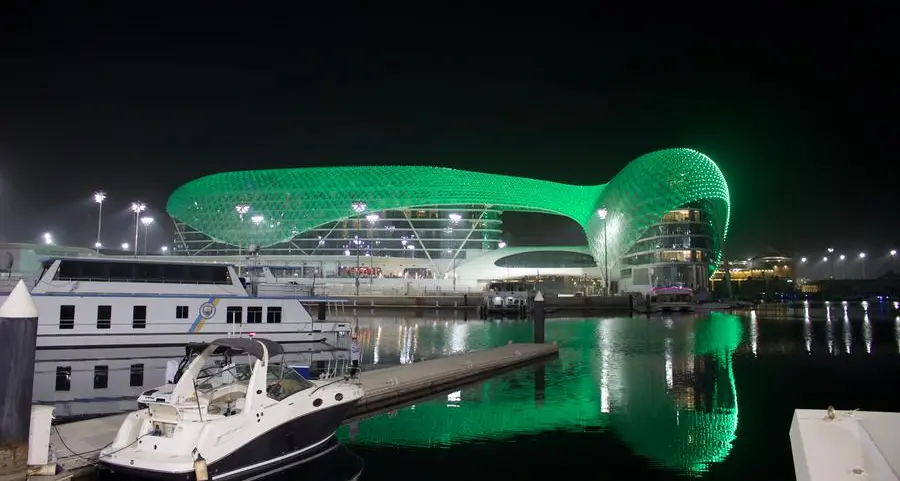 Yas Island lights up its iconic landmarks in green to commemorate the 94th Saudi National Day