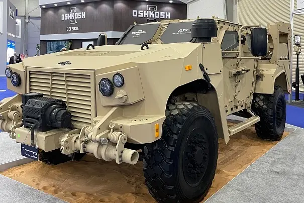 Oshkosh Defense\\u2019s 4-door Joint Light Tactical Vehicle (JLTV) on display at the World Defense Show 2022 in Riyadh, Saudi Arabia