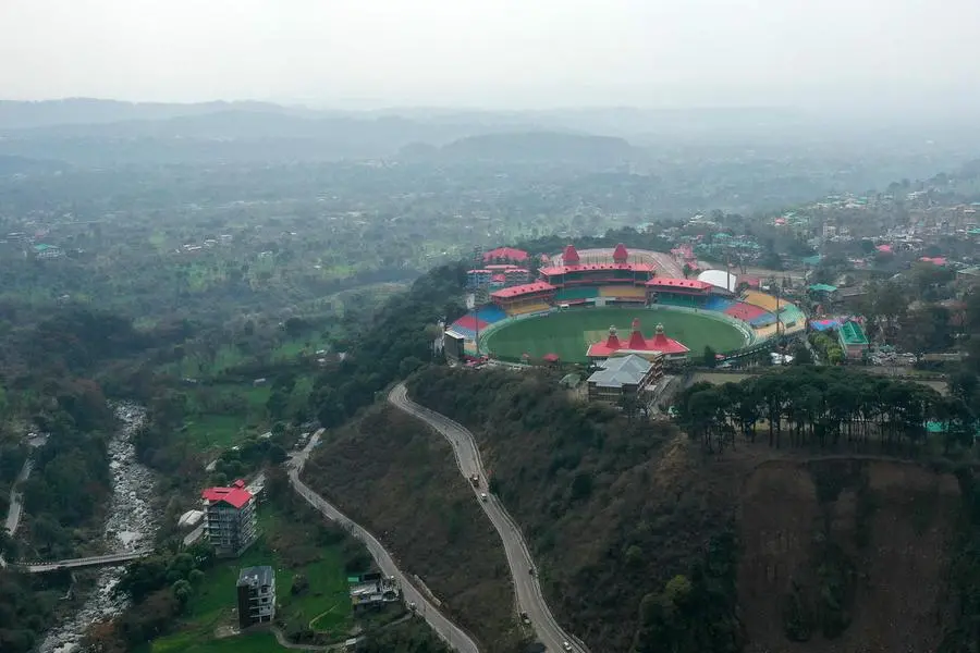 An aerial view shows the Himachal Pradesh Cricket Association Stadium in Dharamsala on February 20, 2024. (Photo by Sajjad HUSSAIN / AFP) , Agence France-Presse (AFP)/AFP