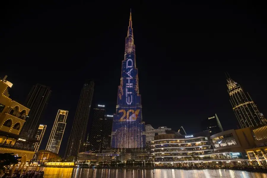 Burj Khalifa lights up for Etihad\\u2019s 20th anniversary. Image Courtesy: Etihad Airways