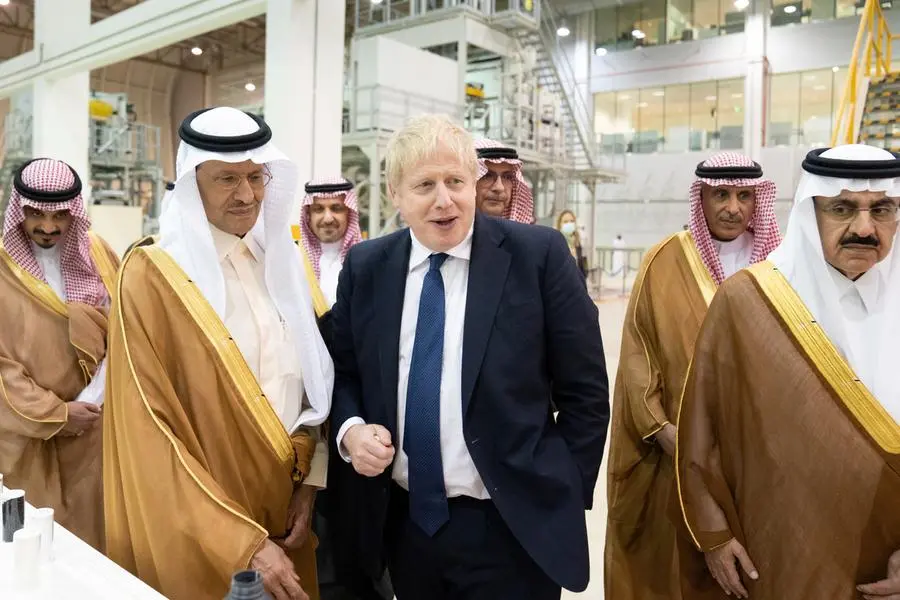 British Prime Minister Boris Johnson attends a tour of the manufacturing facility at the Saudi Basic Industries Corporation (SABIC) Headquarters in Riyadh, Saudi Arabia March 16, 2022. Stefan Rousseau/Pool via REUTERS , REUTERS