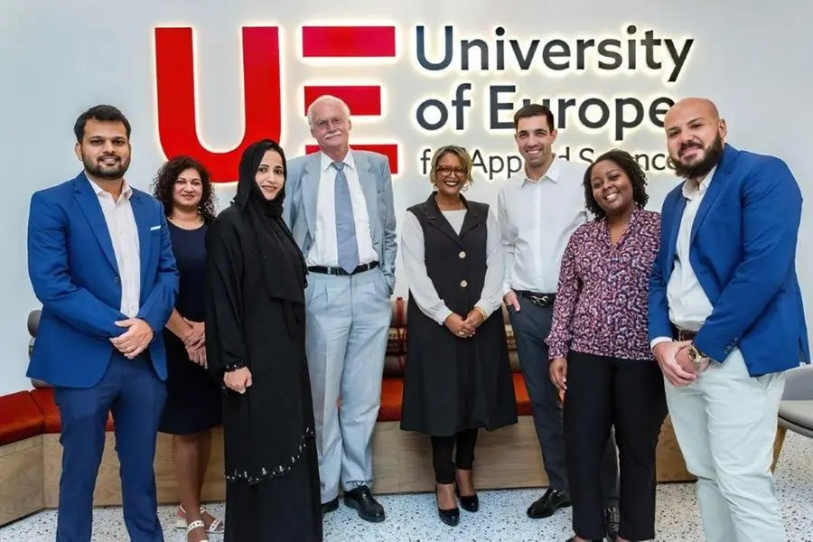 <p>In the centre (from left to right): Professor Dr. Eman AbuKhousa, professor of Data Science at UE Dubai, Professor. Dr. Maurits Van Rooijen, President of the University of Europe for Applied Sciences in Germany and UE Dubai, Professor Dahlia, Professor of Visual and Experience Design at UE Dubai</p>\\n