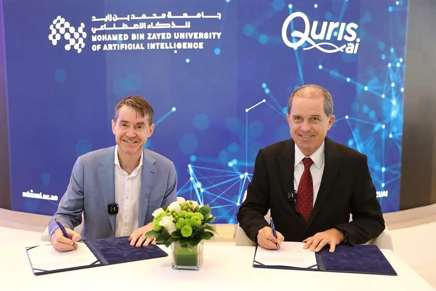 MBZUAI Provost Timothy Baldwin and Founder and CEO of Quris Isaac Bentwich M.D. signing the partnership agreement at ADSW (1). Image Courtesy of Quris. Image Courtesy: Mohamed bin Zayed University of Artificial Intelligence (MBZUAI)