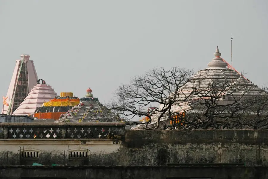 A temple of Hindu deity Ram is pictured on the eve of its consecration ceremony in Ayodhya on January 21, 2024. India's Prime Minister Narendra Modi will on January 22 inaugurate a temple that embodies the triumph of his muscular Hindu nationalist politics, in an unofficial start to his re-election campaign this year. (Photo by Money SHARMA / AFP)