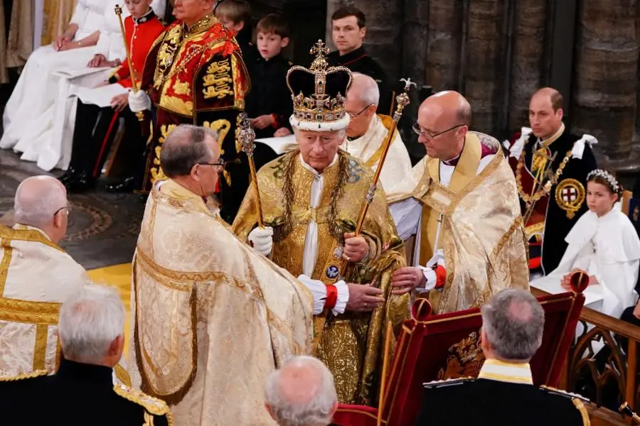 King Charles III wearing St Edward's Crown during his coronation ceremony in Westminster Abbey, London. Picture date: Saturday May 6, 2023.   Yui Mok/Pool via REUTERS