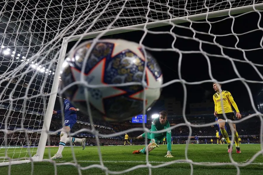 Dortmund\\'s German goalkeeper Alexander Meyer reacts as he concedes to Chelsea\\'s English midfielder Conor Gallagher, but the goal is disallowed, during the UEFA Champions League round of 16 second-leg football match between Chelsea and Borrusia Dortmund at Stamford Bridge in London on March 7, 2023. (Photo by Adrian DENNIS / AFP) , Agence France-Presse (AFP)