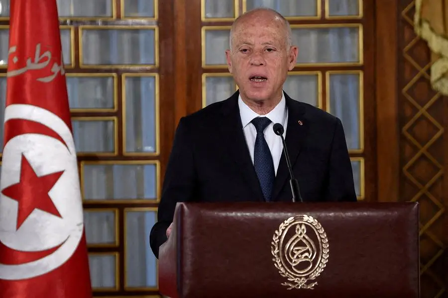 FILE PHOTO: Tunisia\\'s President Kais Saied gives a speech at the government\\'s swearing-in ceremony at the Carthage Palace outside the capital Tunis, Tunisia February 27, 2020. Fethi Belaid/Pool via REUTER/File Photo , Reuters