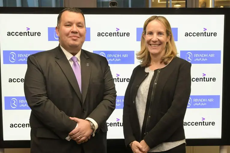 Adam Boukadida, chief financial officer of Riyadh Air, and Emily Weiss, senior managing director at Accenture and head of its Travel practice globally. Image Courtesy: Riyadh Air