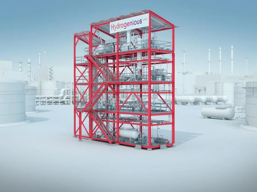 Rendering of Liquid Organic Hydrogen Carrier (LOHC) storage plant of Hydrogenious LOHC Technologies