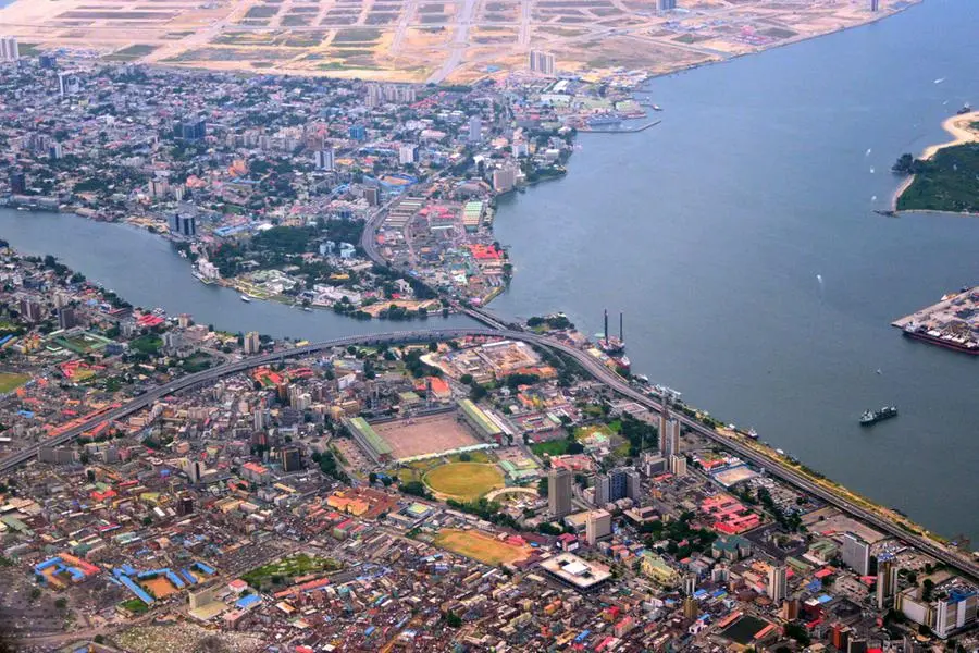 Lagos, Nigeria: the city from the air - Lagos island and Victoria Island separated by Five Cowrie Creek - Eko Atlantic City land reclamation - Lagos Lagoon, Gulf of Guinea, Atlantic Ocean in the backround. Getty Images Image used for illustrative purpose , Getty Images