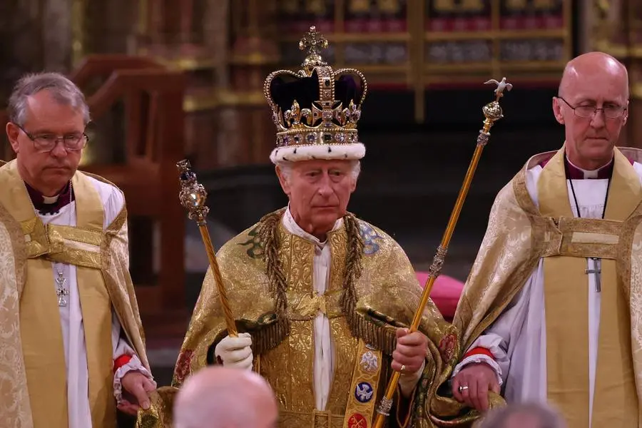 TOPSHOT - Britain's King Charles III with the St Edward's Crown on his head attends the Coronation Ceremony inside Westminster Abbey in central London on May 6, 2023. - The set-piece coronation is the first in Britain in 70 years, and only the second in history to be televised. Charles will be the 40th reigning monarch to be crowned at the central London church since King William I in 1066. Outside the UK, he is also king of 14 other Commonwealth countries, including Australia, Canada and New Zealand. Camilla, his second wife, will be crowned queen alongside him and be known as Queen Camilla after the ceremony. (Photo by Richard POHLE / POOL / AFP)