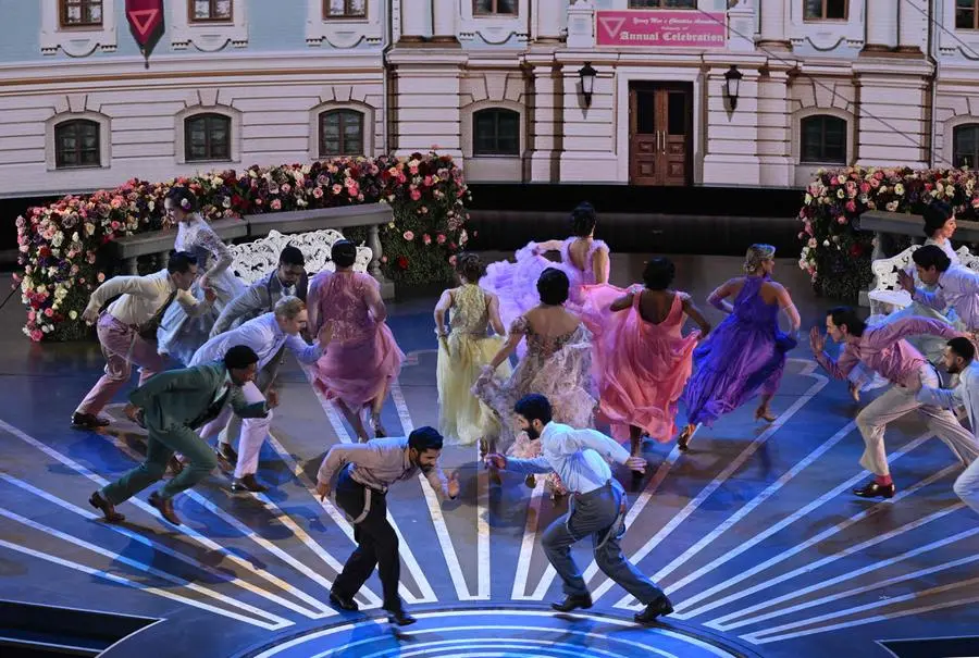 Dancers perform 'Naatu Naatu' from \\\"RRR onstage during the 95th Annual Academy Awards at the Dolby Theatre in Hollywood, California on March 12, 2023. (Photo by Patrick T. Fallon / AFP)