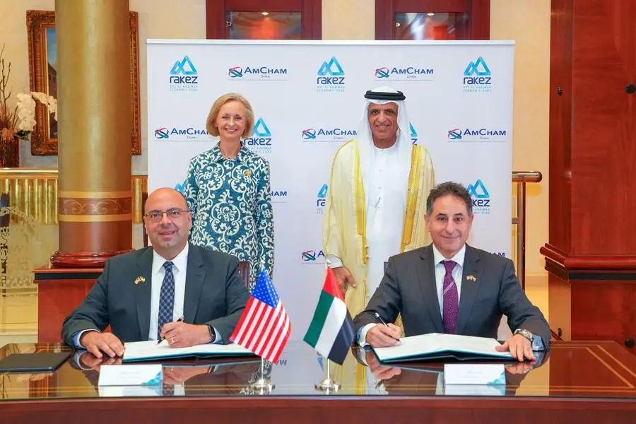 His Highness Sheikh Saud with US Ambassador Martina Strong AmCham Dubai Chairman Sammy Bousaba and RAKEZ Group CEO Ramy Jallad. Image courtesy: RAKEZ