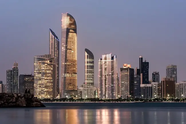 June 23, 2018: Abu Dhabi Seascape with skyscrapers in the background at evening, UAE