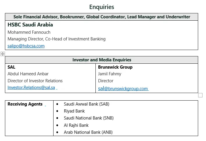 SAL Saudi Logistics Services Company announcement of final offer price