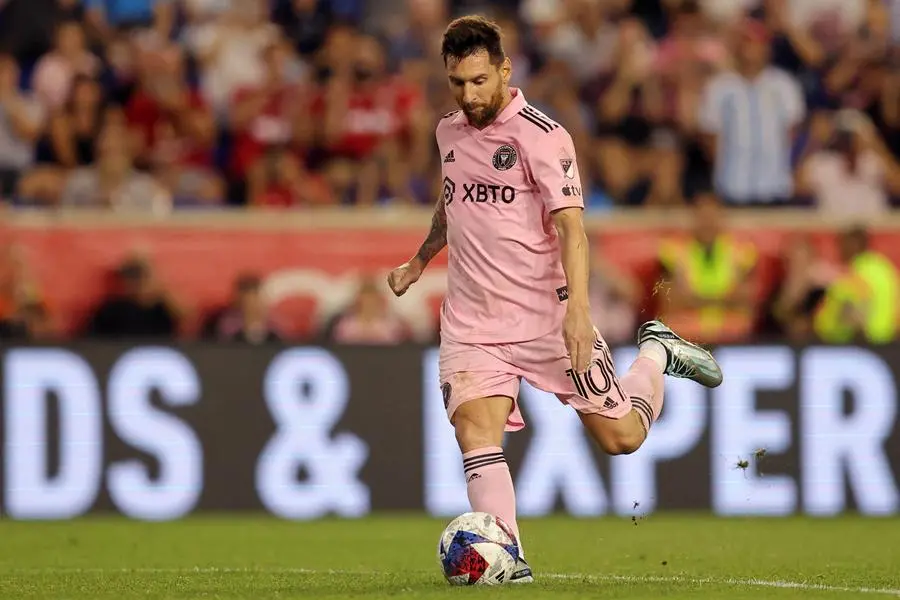Aug 26, 2023; Harrison, New Jersey, USA; Inter Miami CF forward Lionel Messi (10) takes a free kick against the New York Red Bulls during the second half at Red Bull Arena. Mandatory Credit: Brad Penner-USA TODAY Sports