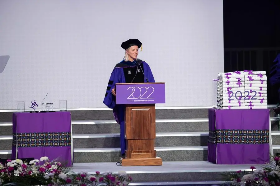 NYUAD Vice Chancellor Marie\\u0308t Westermann addresses the graduating class at NYUAD\\u2019s ninth commencement ceremony
