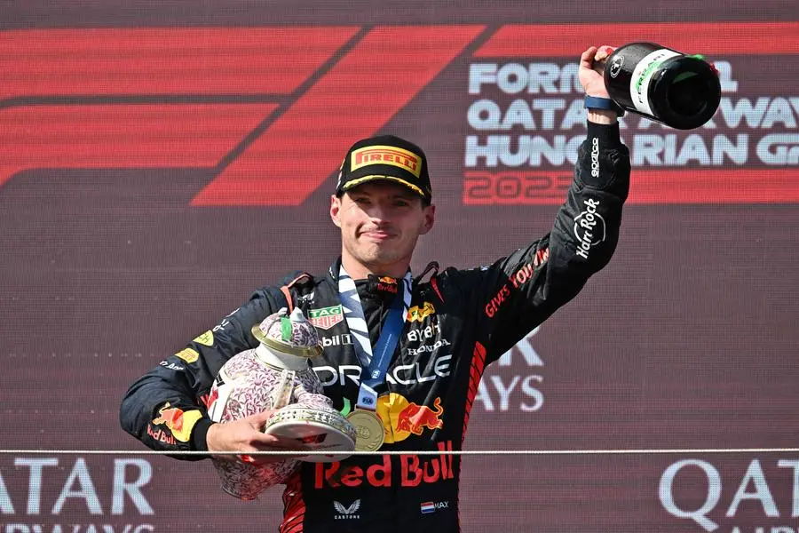 The race winners trophies of Max Verstappen of Netherlands and Red