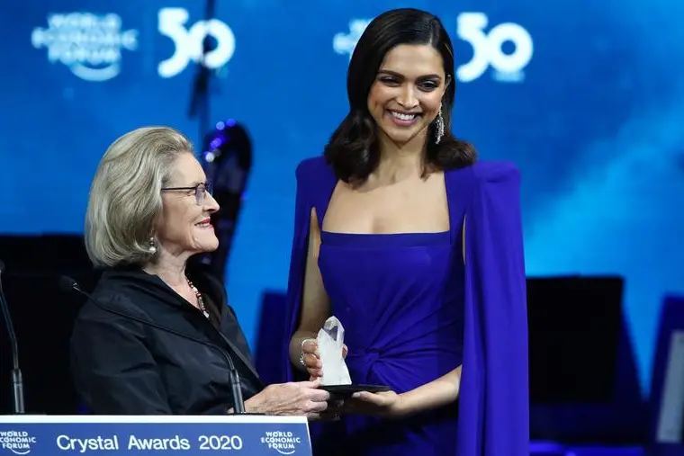 Indian actor Deepika Padukone accepts the \"Crystal Award\" during the opening of the 50th World Economic Forum (WEF) in Davos, Switzerland January 20, 2020. REUTERS/Denis Balibouse - RC2TJE923YIH , Reuters Images