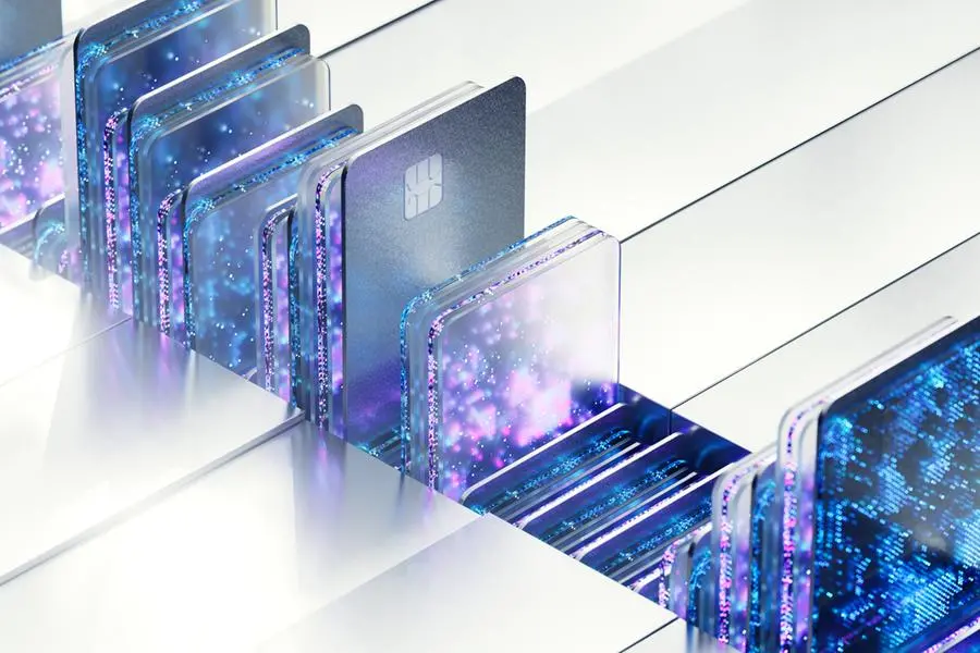 Digitally generated image of multicoloured credit card. Concept of fintech technology, investment, online payment method and contactless payment. Image used for illustrative purpose. Getty Images , Getty Images
