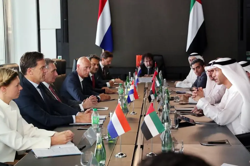 His Excellency Dr Thani bin Ahmed Al Zeyoudi, Minister of State for Foreign Trade, and HE Mark Rutte, Prime Minister of The Kingdom of the Netherlands in converstion during the meeting. Image Courtesy: UAE Ministry of Economy