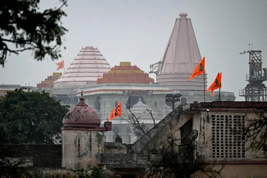 A general view of a temple to Hindu deity Ram on the eve of its consecration ceremony in Ayodhya on January 21, 2024. India's Prime Minister Narendra Modi will on January 22 inaugurate a temple that embodies the triumph of his muscular Hindu nationalist politics, in an unofficial start to his re-election campaign this year. (Photo by Money SHARMA / AFP)