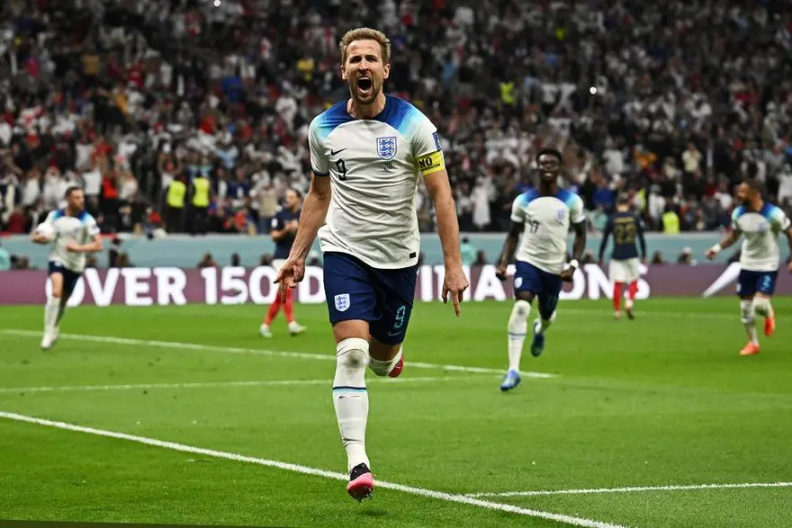 Soccer Football - FIFA World Cup Qatar 2022 - Quarter Final - England v France - Al Bayt Stadium, Al Khor, Qatar - December 10, 2022 England\\'s Harry Kane celebrates scoring their first goal REUTERS/Dylan Martinez , Reuters