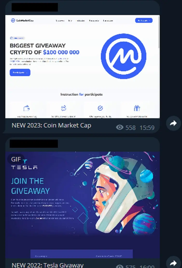 Examples of scam pages for sale on Telegram