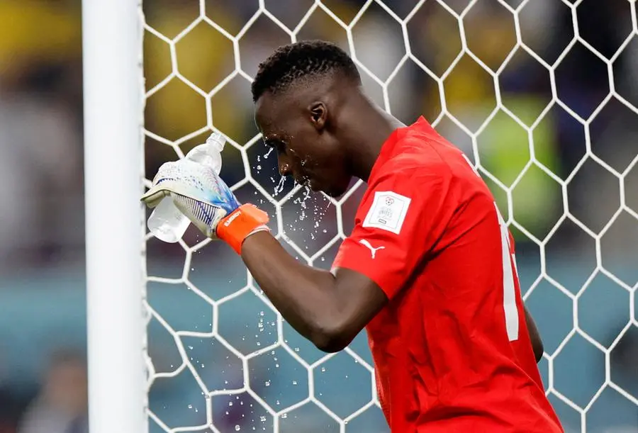 Senegalese goalkeeper Edouard Mendy holds the jersey of his new