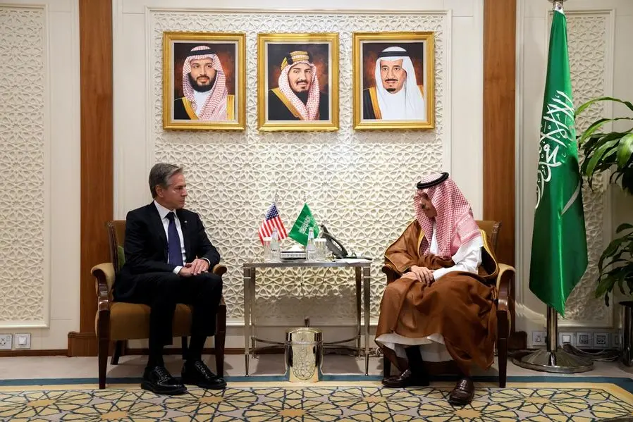 U.S. Secretary of State Antony Blinken meets with Saudi Foreign Minister Prince Faisal bin Farhan, at the Ministry of Foreign Affairs in Riyadh, Saudi Arabia, Saturday Oct. 14, 2023. Jacquelyn Martin/Pool via REUTERS
